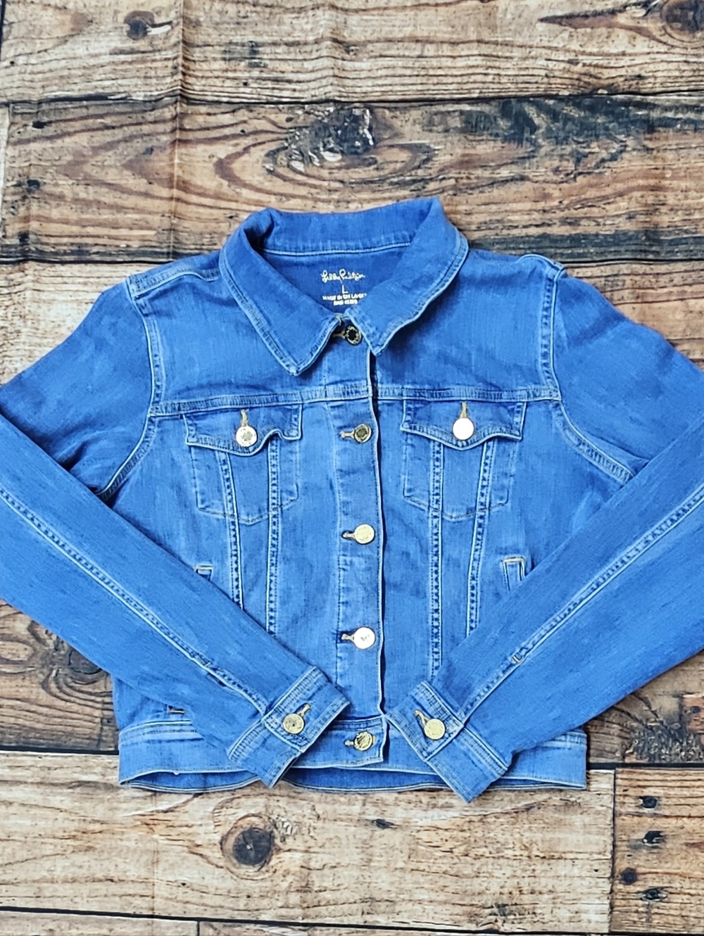 Lilly Pulitzer Jean Jacket Puff Sleeves Light Blue Stretch Women’s Size Large - Picture 8 of 11